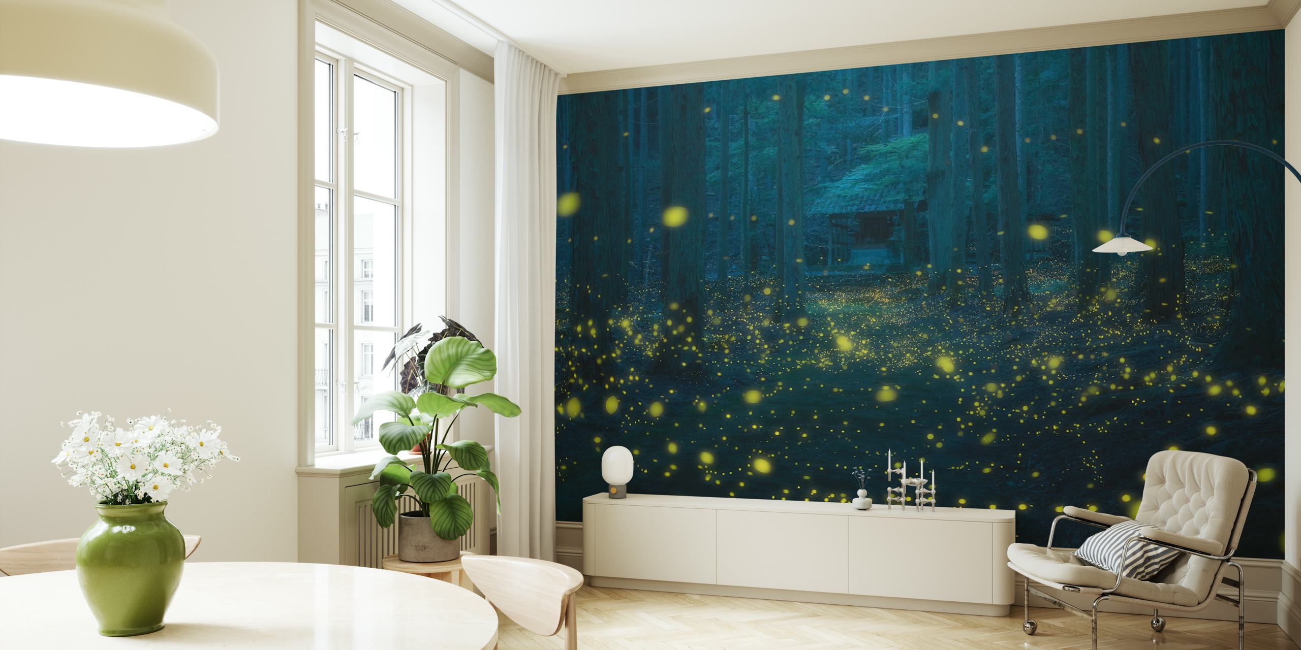 Forest scene with glowing fireflies and blue tones wallpaper
